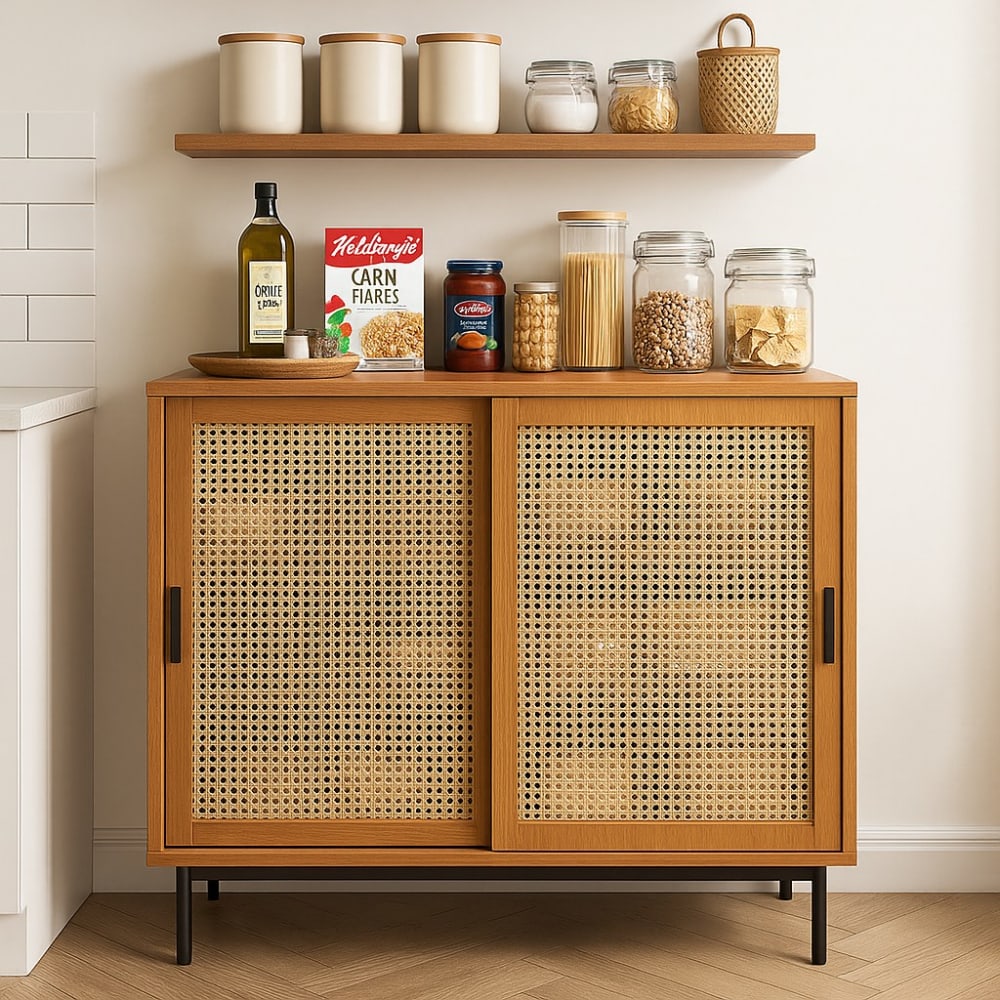 Buffet URBAN MEUBLE porte coulissante ouverte sur les provisions