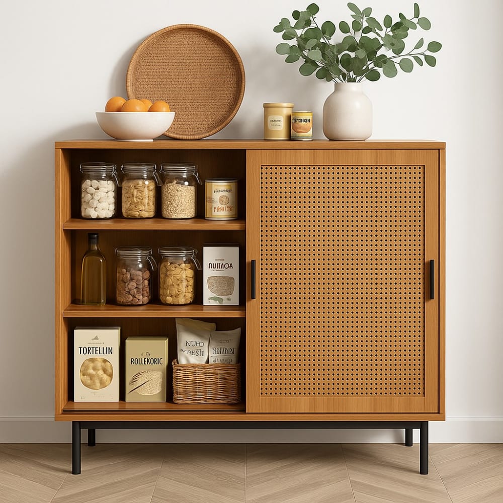 Détail du cannage de rotin des portes du buffet URBAN MEUBLE