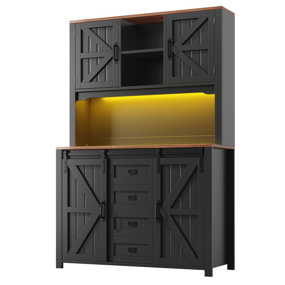 Buffet vaisselier URBAN MEUBLE noir 175 cm avec plan de travail éclairé
