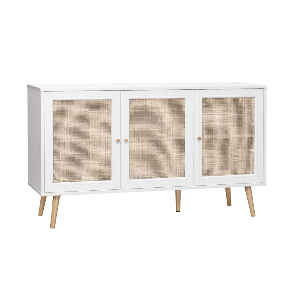 Buffet SWEEEK 3 portes en cannage blanc pieds compas 120 cm