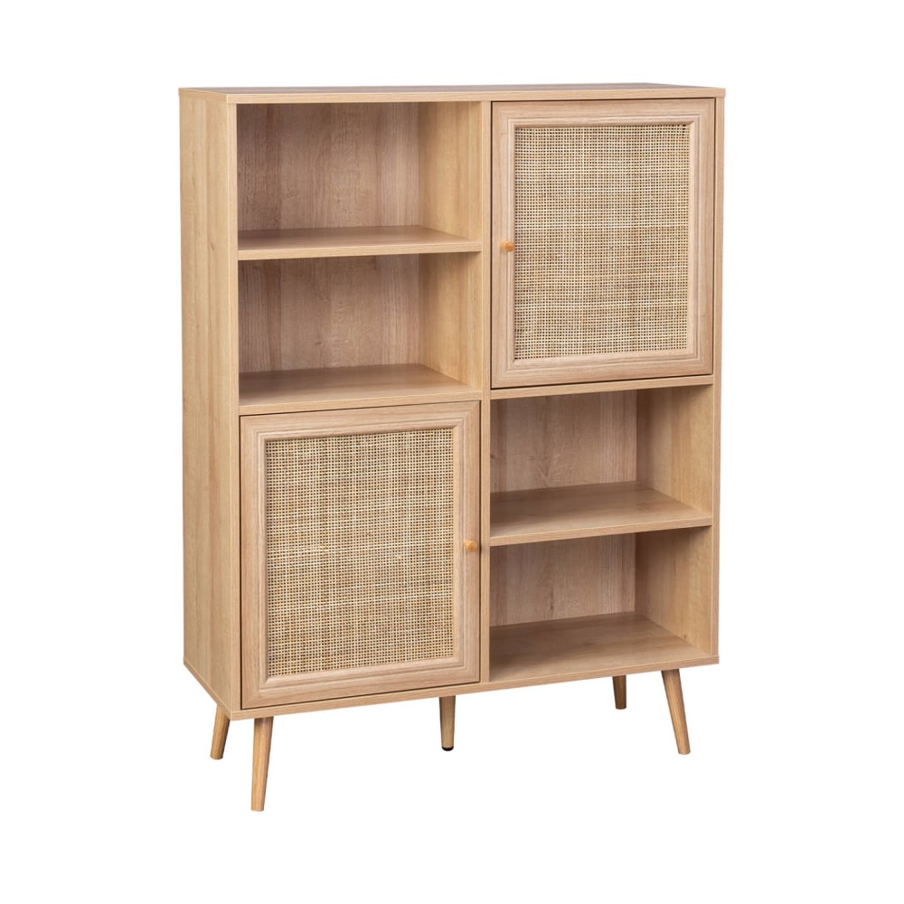 Buffet haut SWEEEK en cannage et décor bois 90 cm avec 2 portes et pieds compas