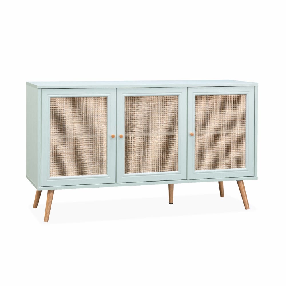 Buffet SWEEEK en cannage vert céladon 120 cm avec 3 portes et pieds compas