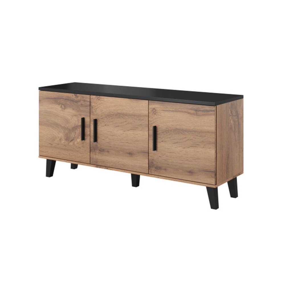 Buffet enfilade COLIN décor chêne et noir mat 150 cm avec 3 portes