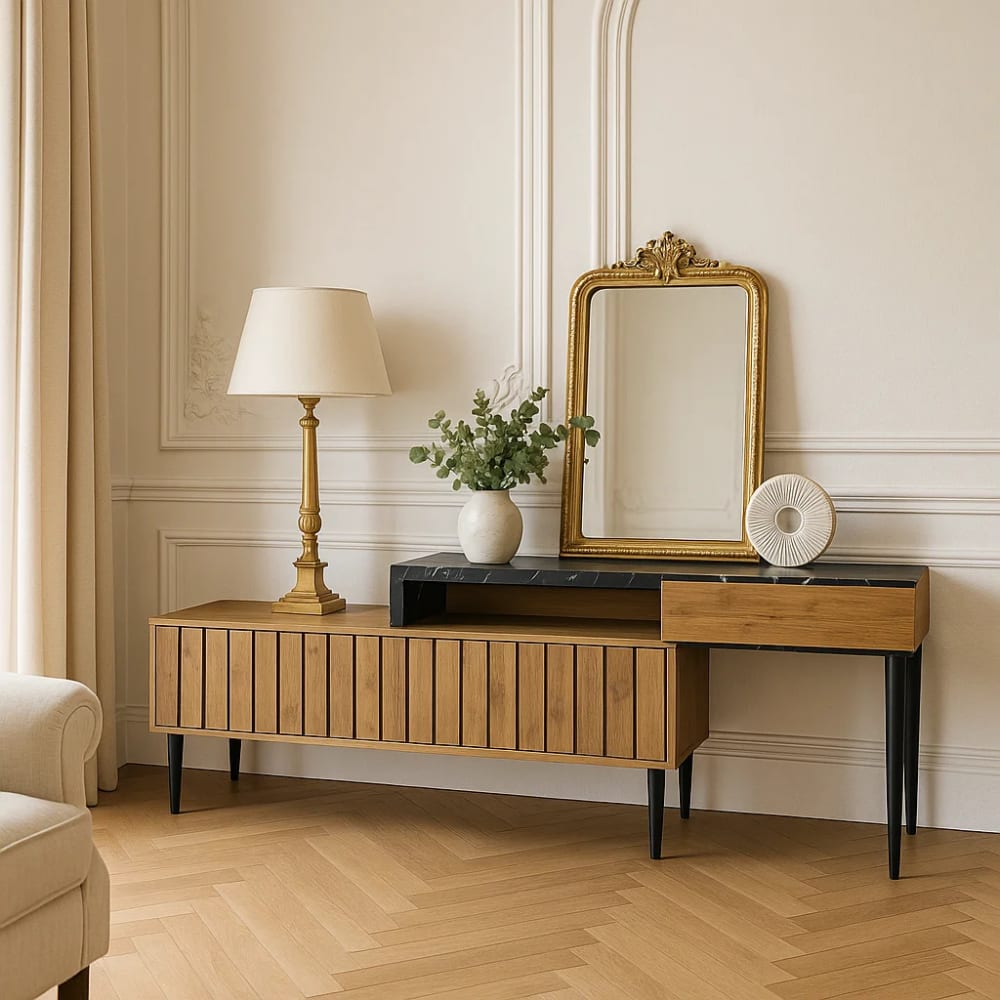 Détail du plateau en marbre noir du buffet URBAN MEUBLE
