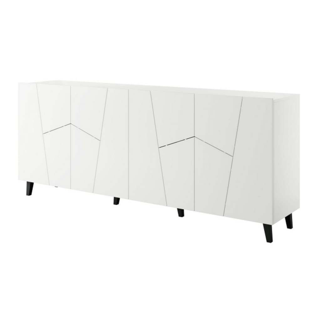 Grand buffet design FUJI blanc mat 200 cm avec 4 portes et 8 étagères