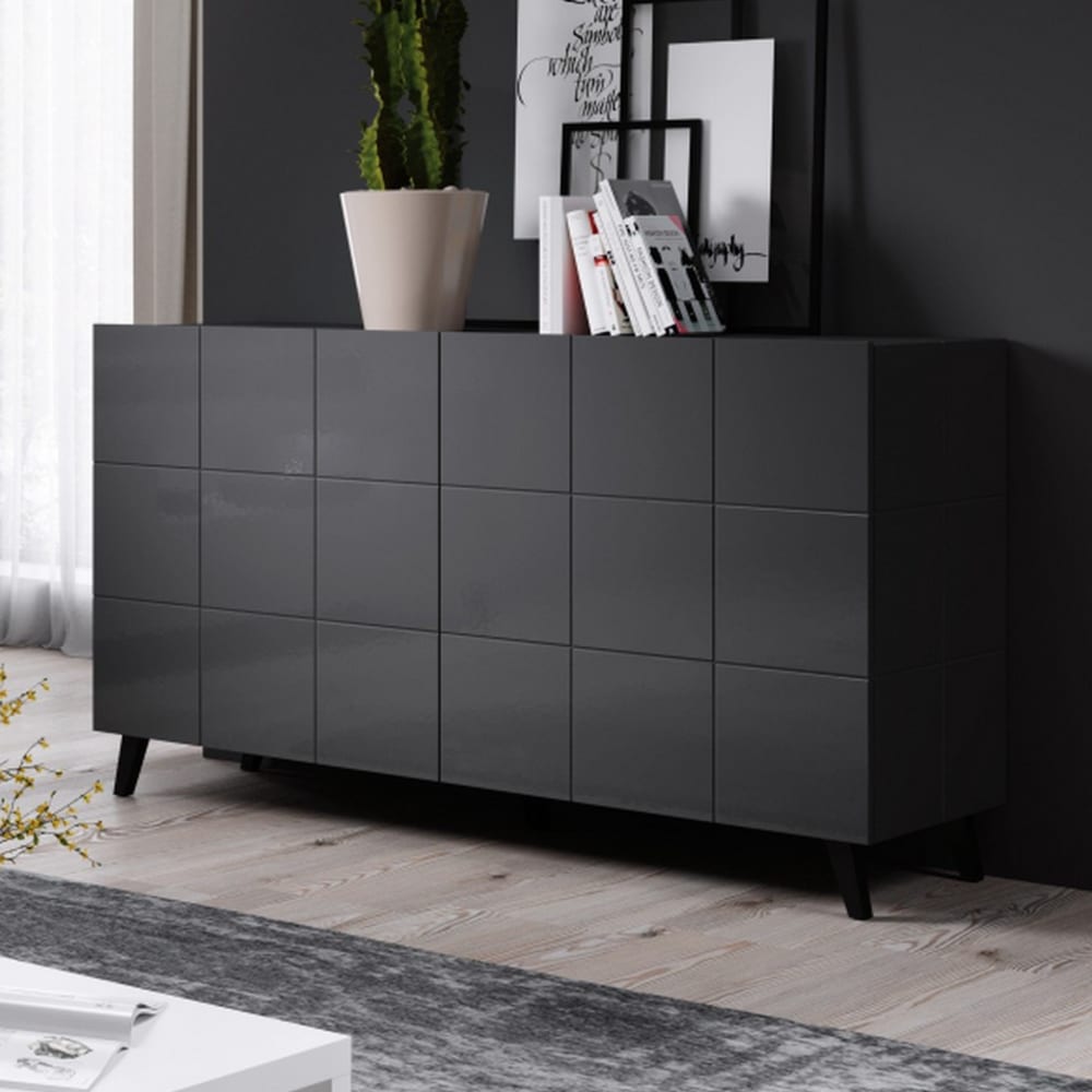Détail de la laque grise brillante du buffet FLOW