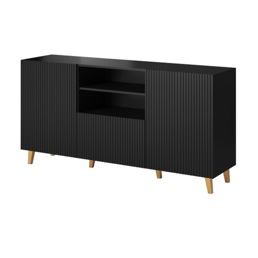Buffet design GUSTAVE noir 150 cm avec 2 portes 1 tiroir et pieds dorés