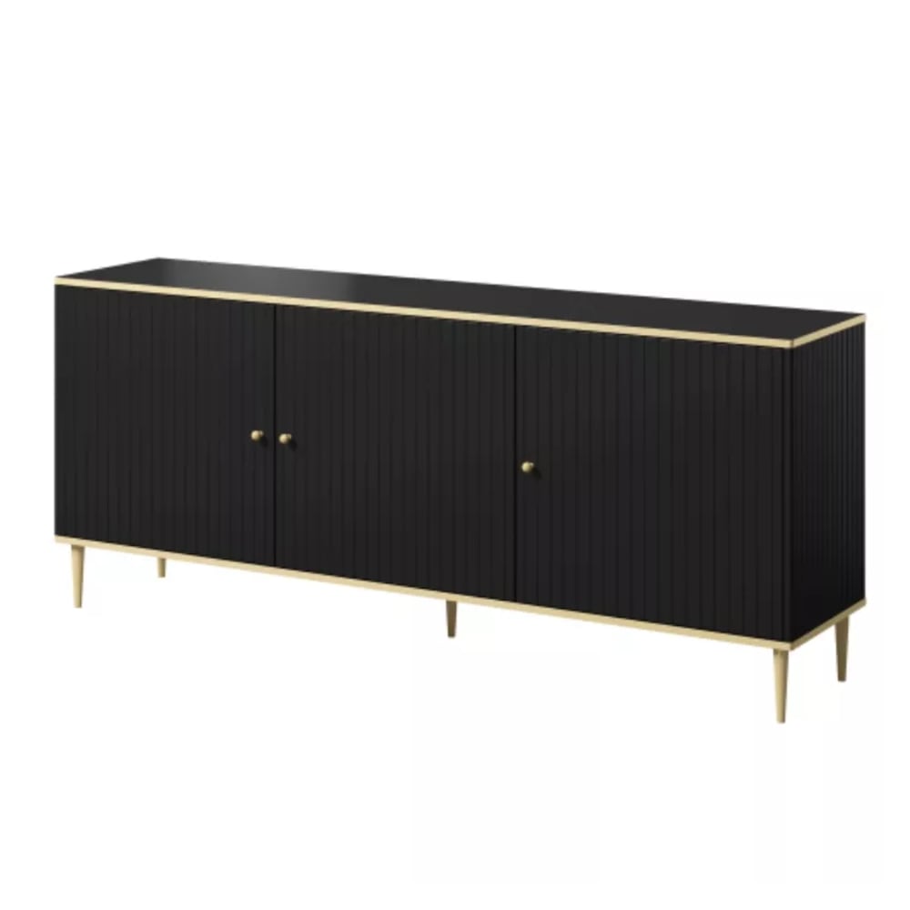 Grand buffet SOAL noir mat 3 portes pieds acier doré 180 cm