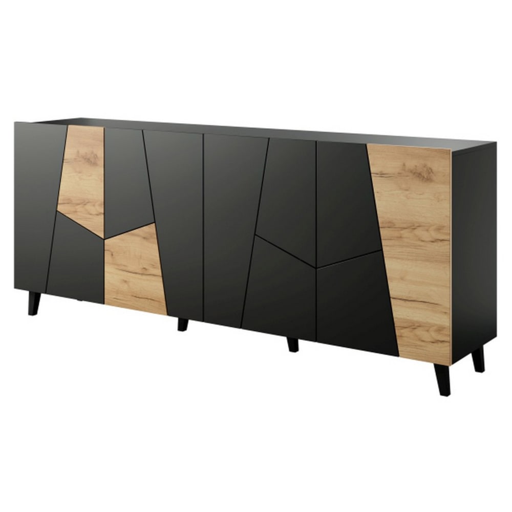 Grand buffet enfilade FUJI noir mat et chêne 200 cm à 4 portes