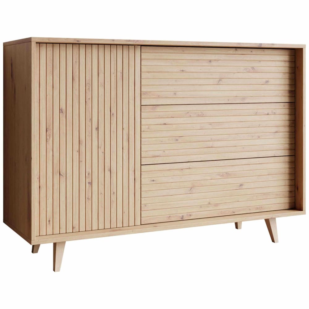 Buffet scandinave DIEGO effet bois clair 1 porte et 3 tiroirs 120 cm