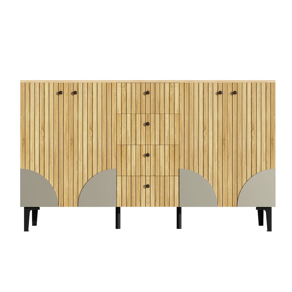 Buffet enfilade URBAN MEUBLE 160 cm effet bois clair à 4 portes cannelées