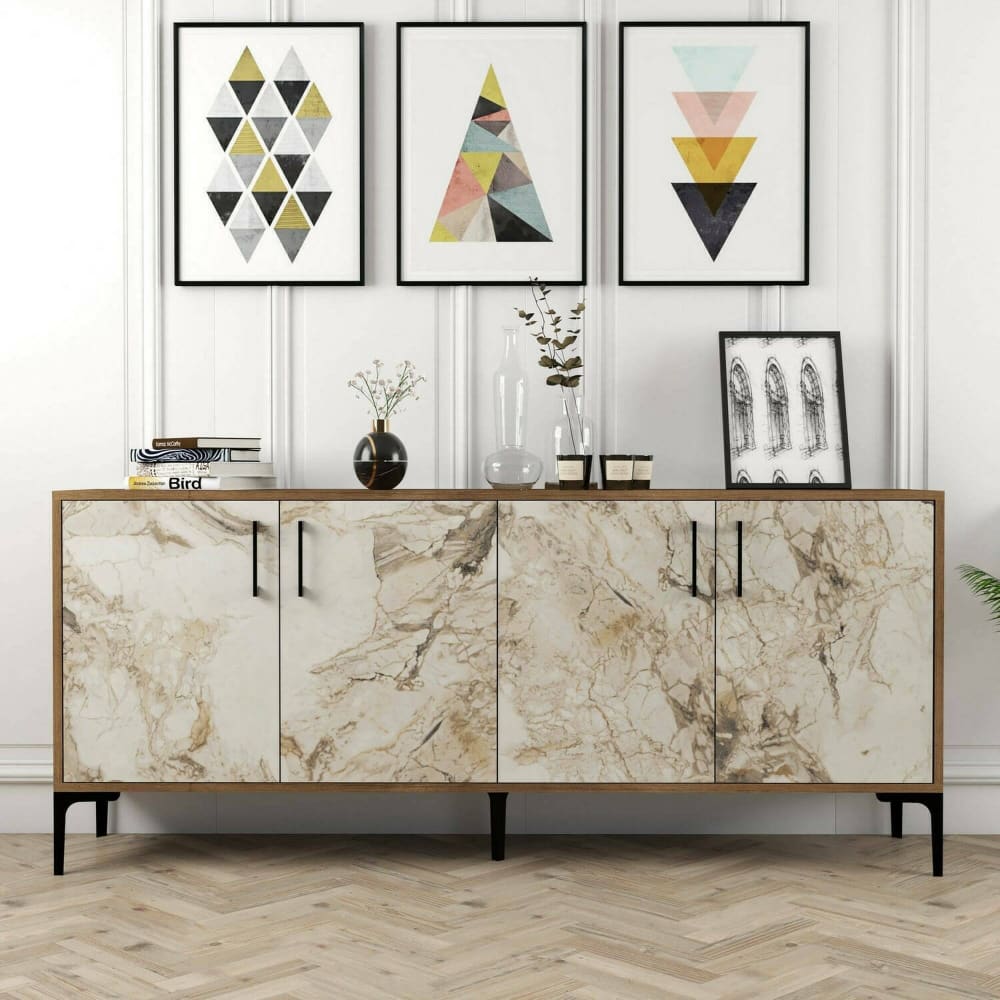 Détail du décor marbre blanc du buffet AGAPE