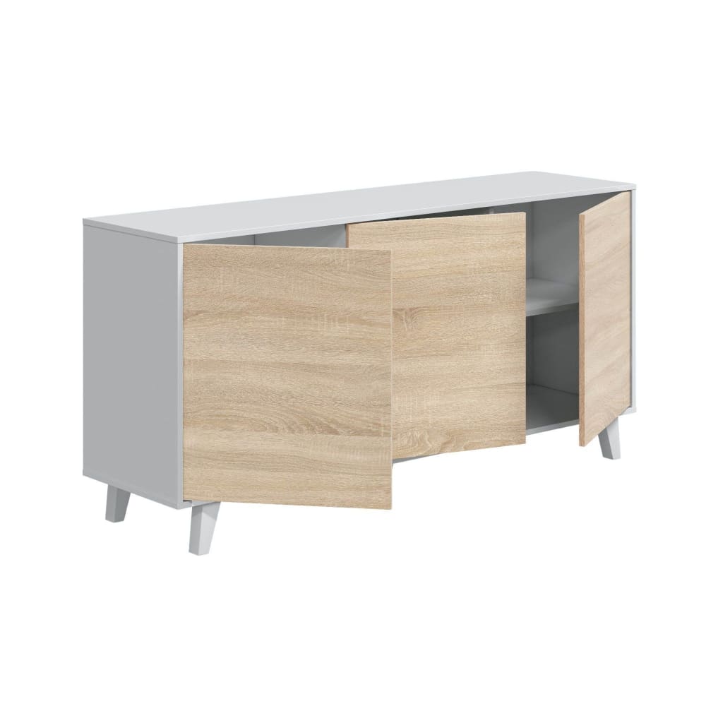 Buffet enfilade ARVADA blanc brillant et effet chêne 154 cm