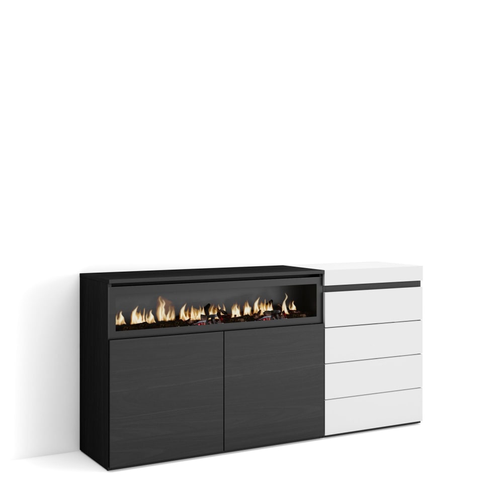 Buffet COZY blanc 2 portes 4 tiroirs avec cheminée LED 157 cm