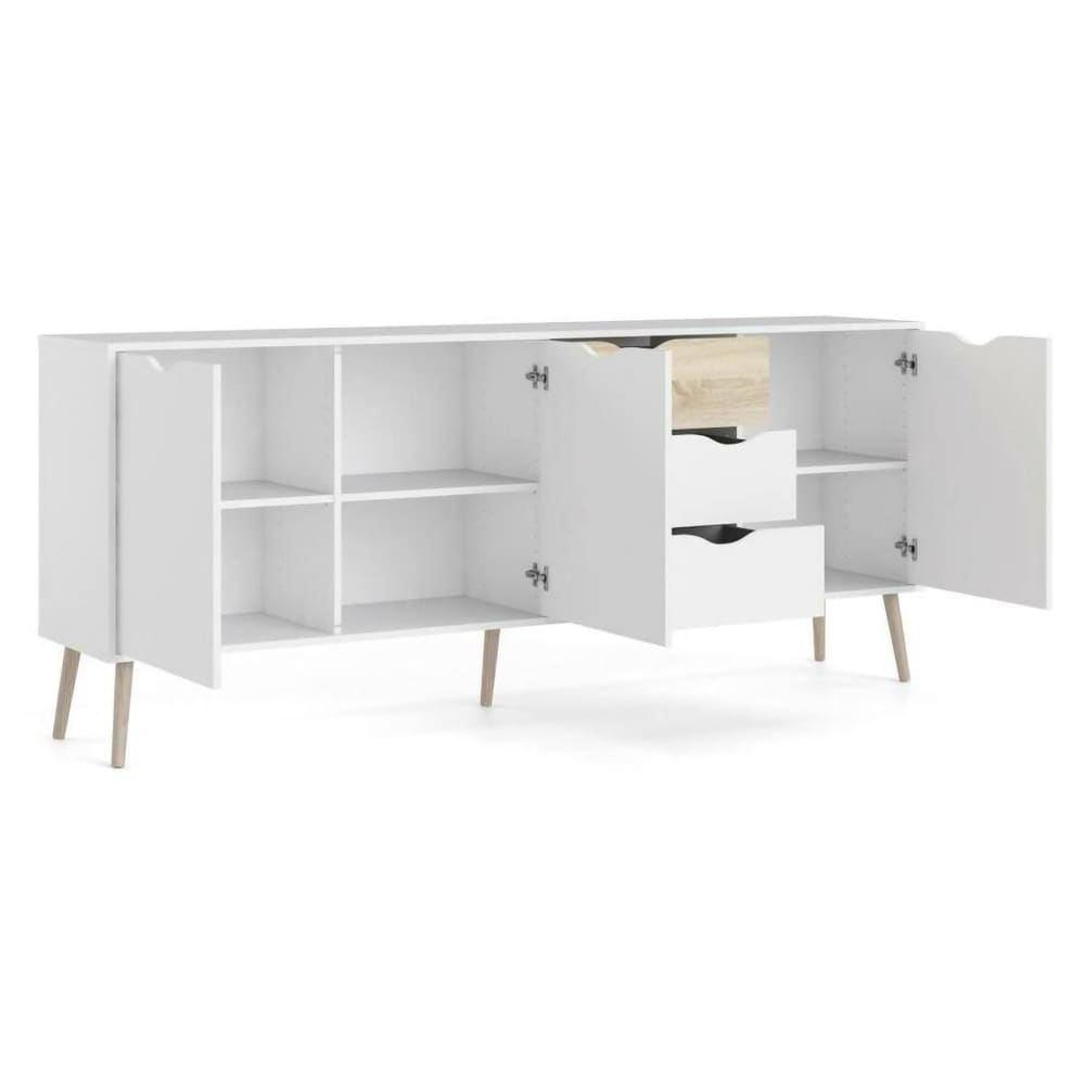 Grand buffet enfilade THEODORA blanc et chêne 195 cm avec 3 portes 3 tiroirs et pieds noirs