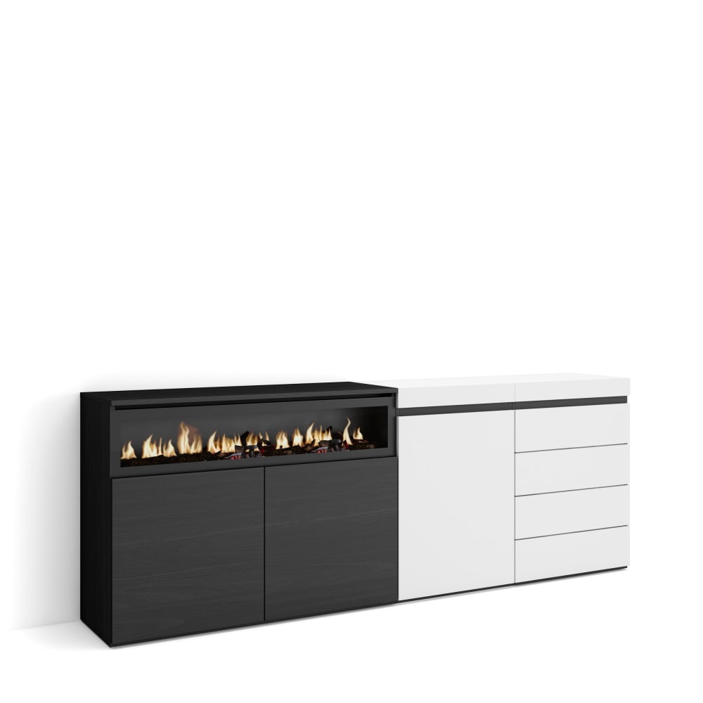 Buffet enfilade COZY blanc et noir 207 cm avec tiroirs et cheminée LED