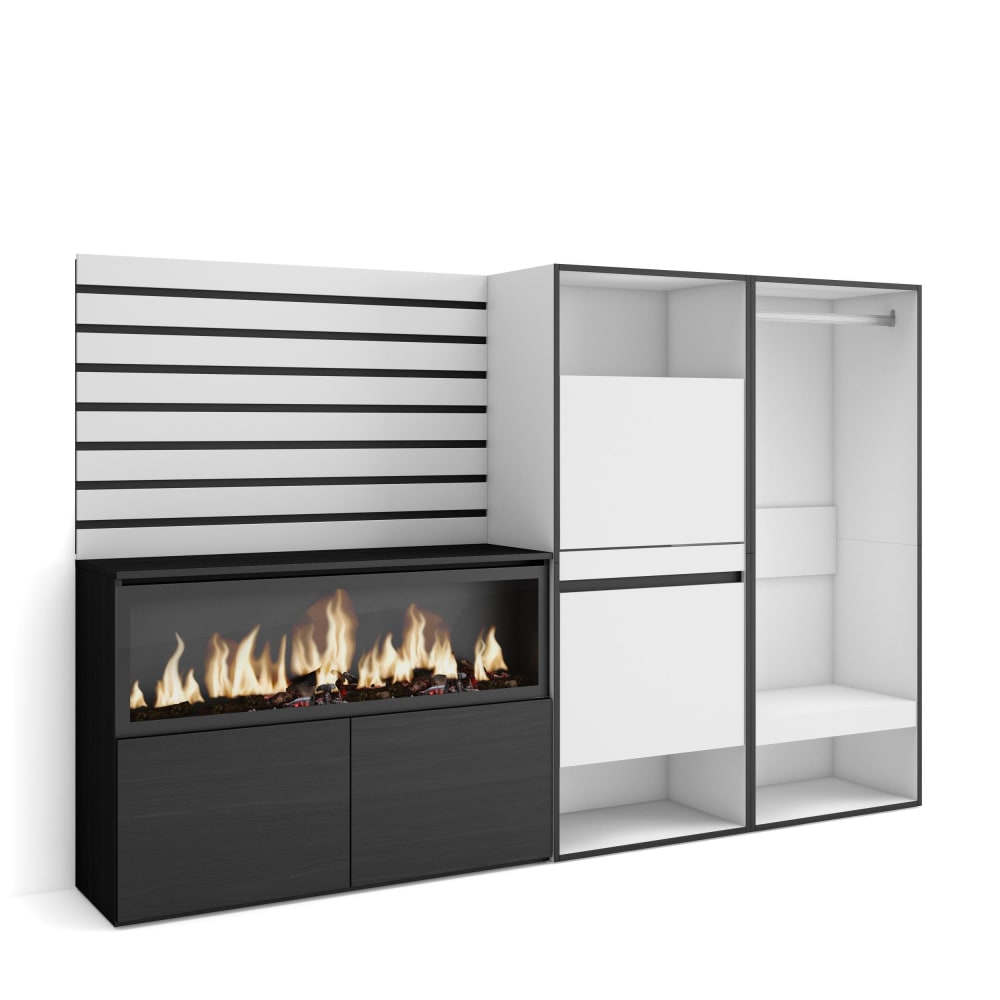 Buffet mural COZY blanc et noir 227 cm avec cheminée électrique LED