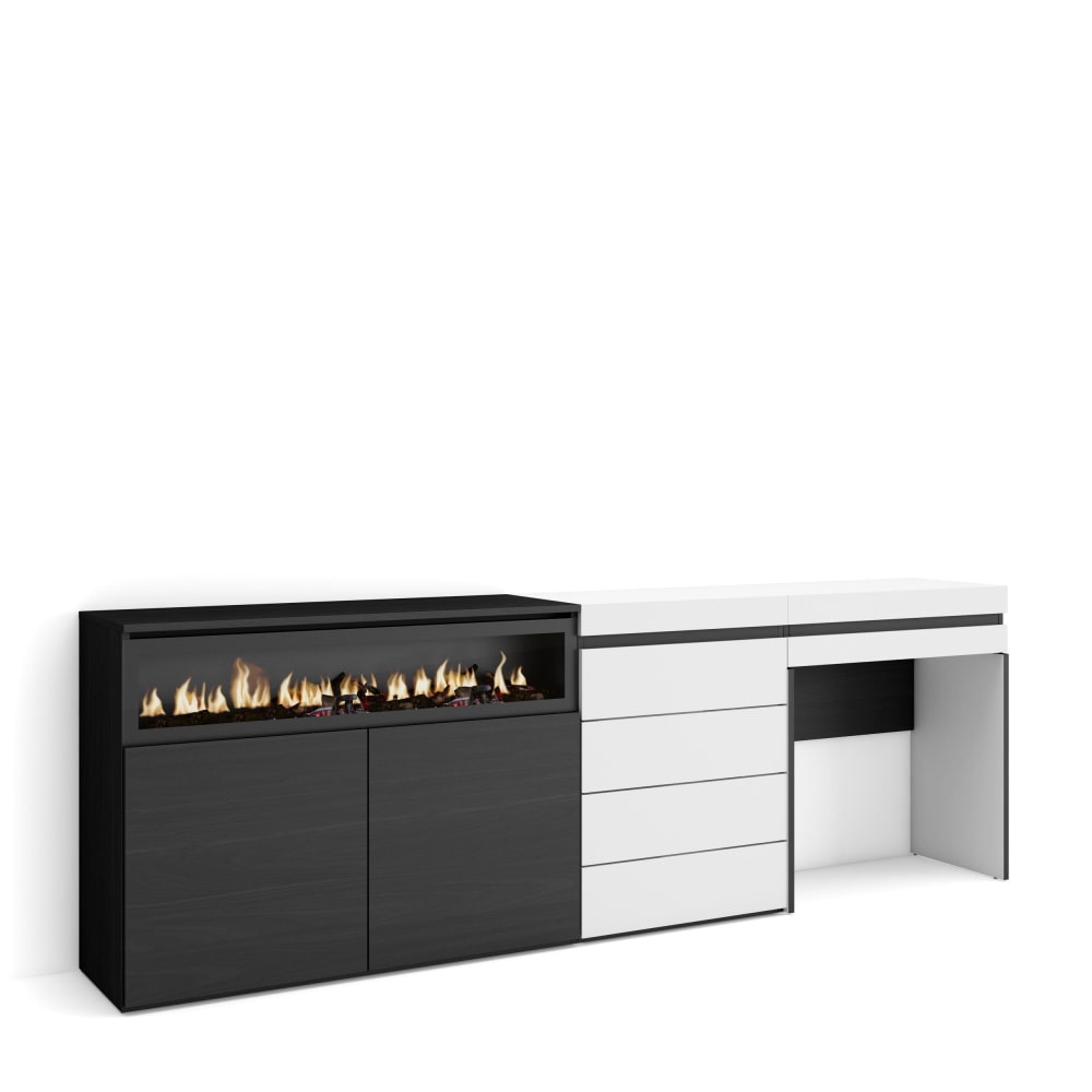 Buffet enfilade COZY blanc et noir 227 cm avec cheminée effet feu