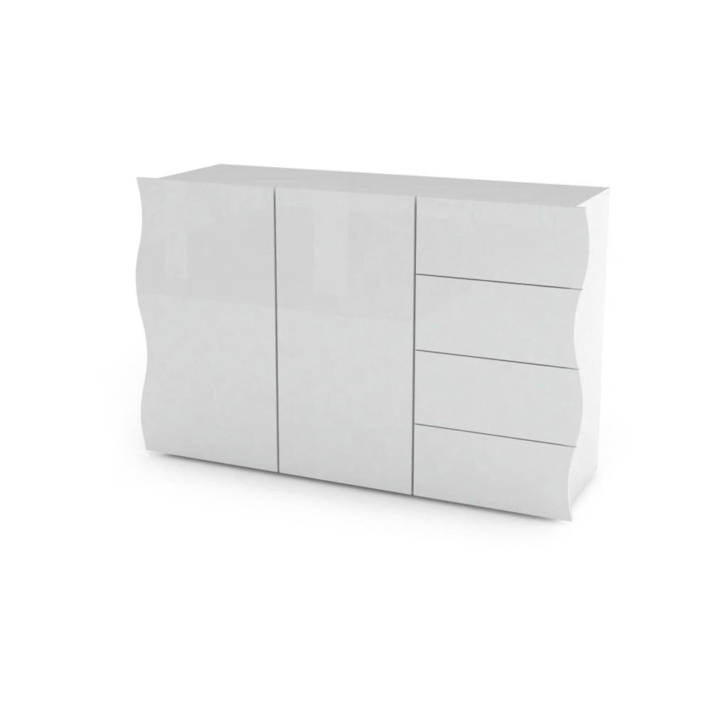 Buffet de cuisine ROMOLO blanc brillant 124 cm avec 2 portes et 4 tiroirs