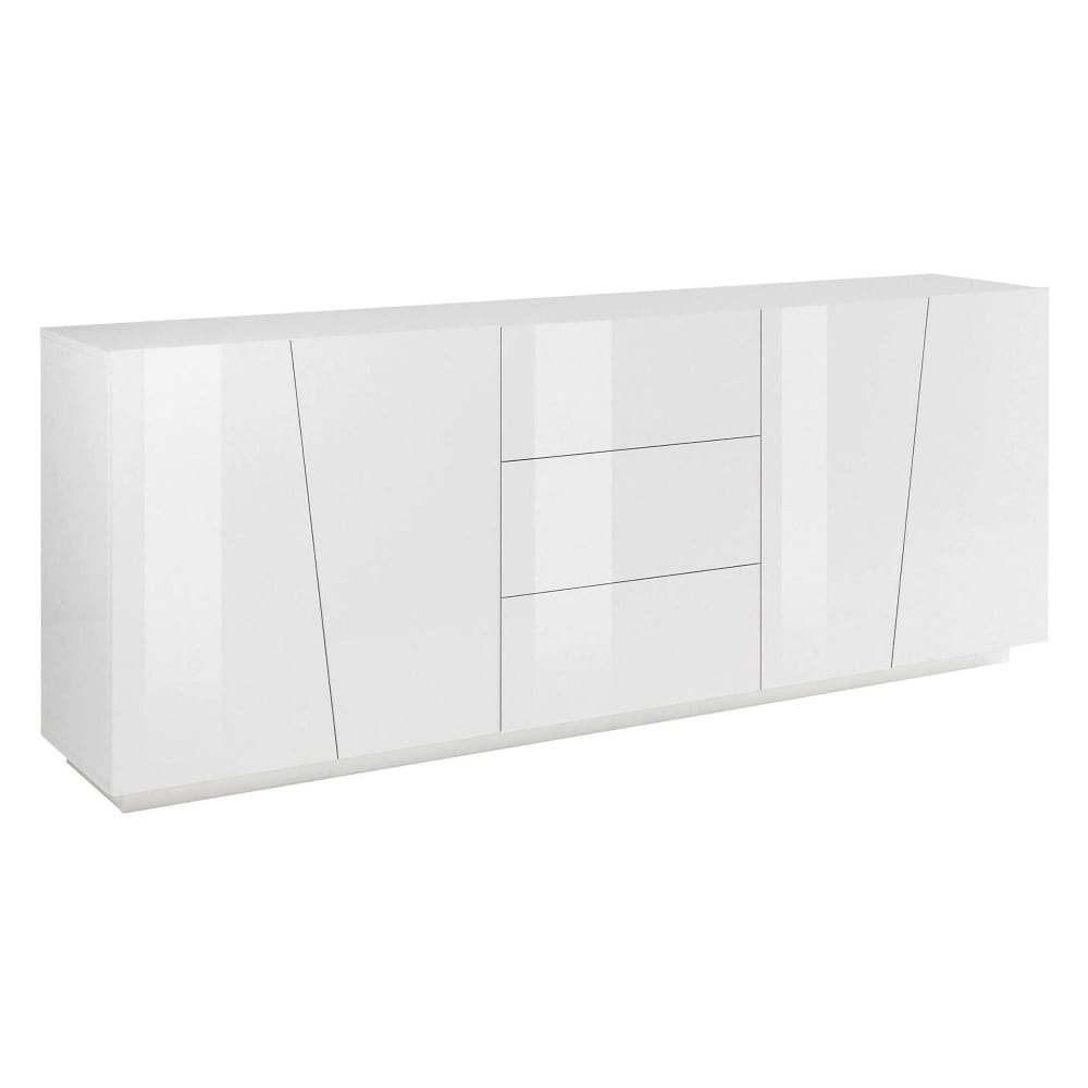 Grand buffet enfilade SVEN blanc brillant 220 cm avec 4 portes et 3 tiroirs sans poignées