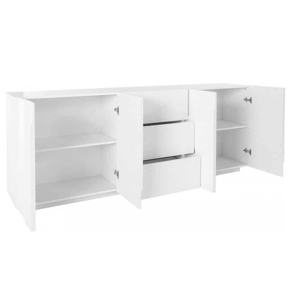 Buffet enfilade design MASON blanc brillant 224 cm avec 4 portes en relief et 3 tiroirs