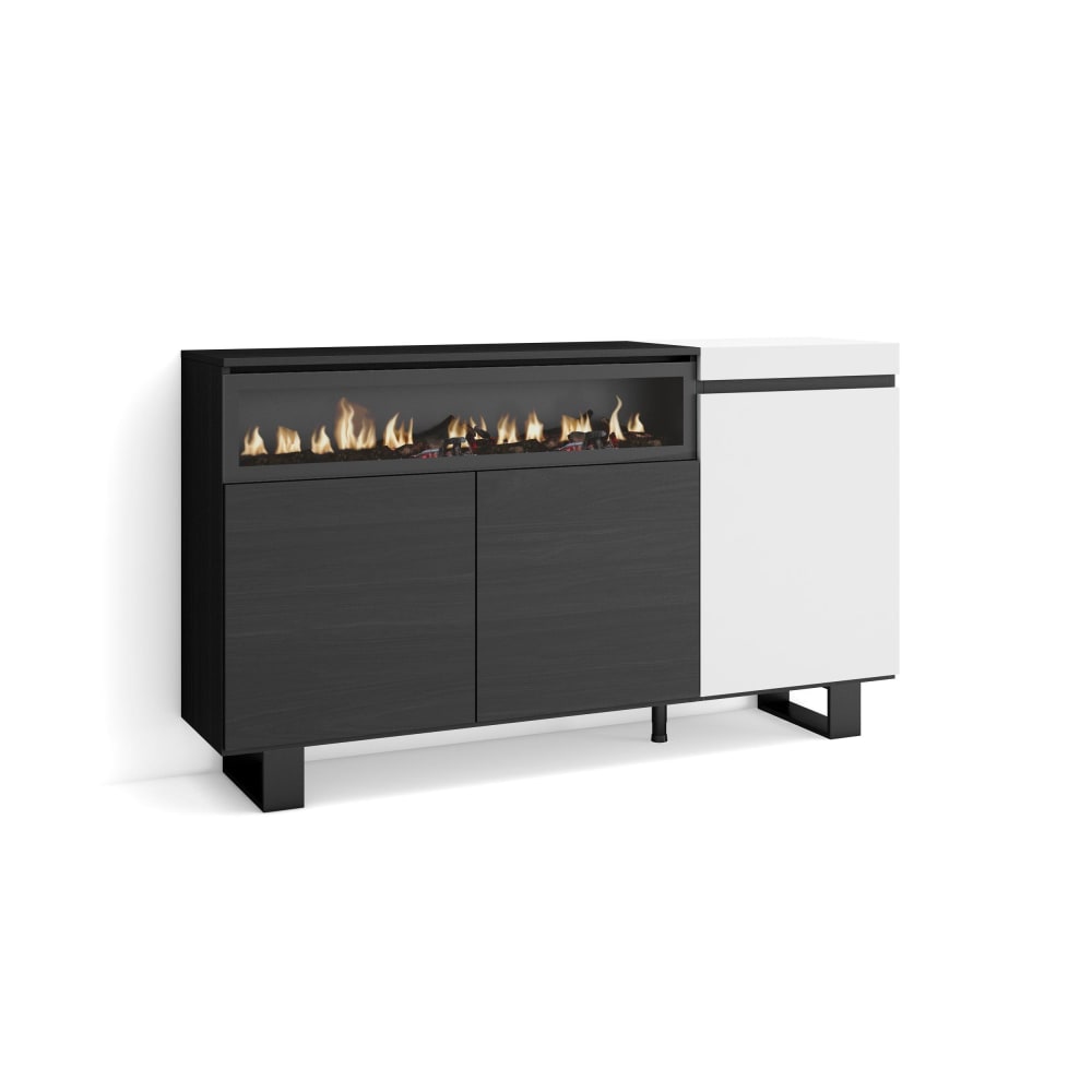 Buffet COZY blanc et noir 150 cm avec cheminée effet feu