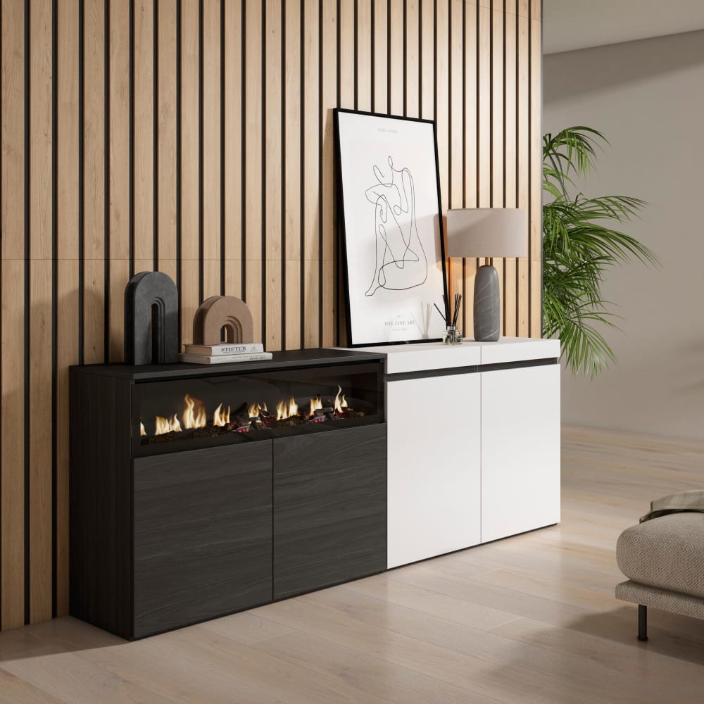 Détail du contraste blanc et noir du buffet COZY
