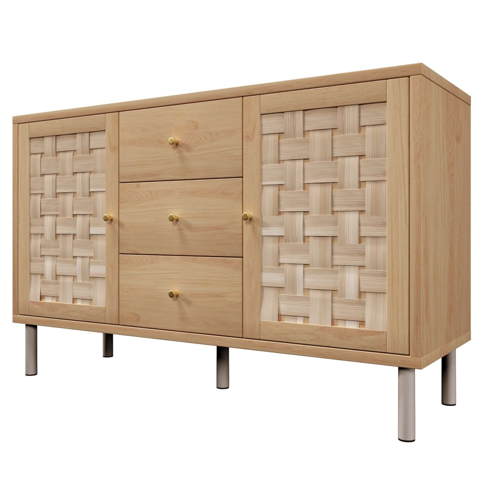 Buffet URBAN MEUBLE 120 cm effet chêne à 2 portes tressées et 3 tiroirs