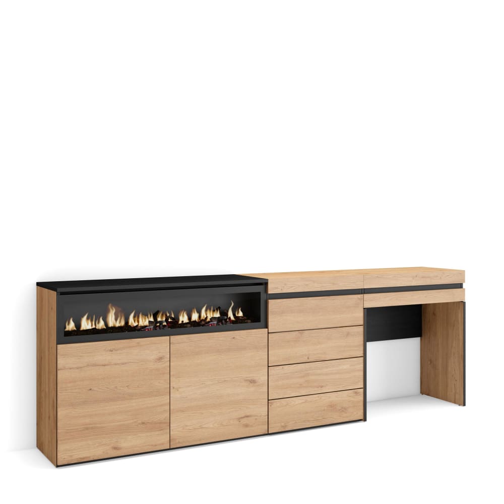 Grand buffet COZY effet chêne 227 cm avec cheminée effet feu