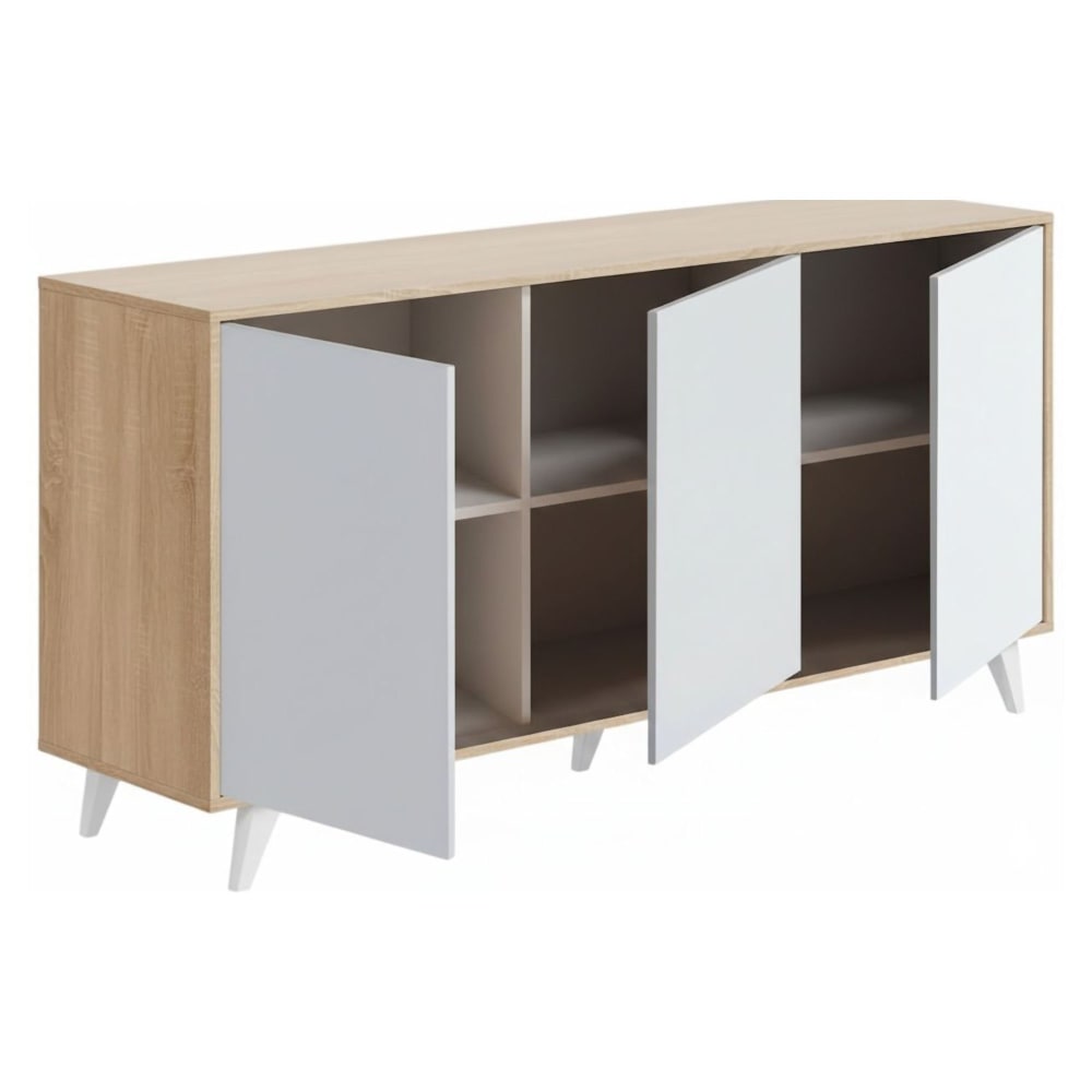 Buffet ANNINA chêne clair et blanc 154 cm à 6 compartiments