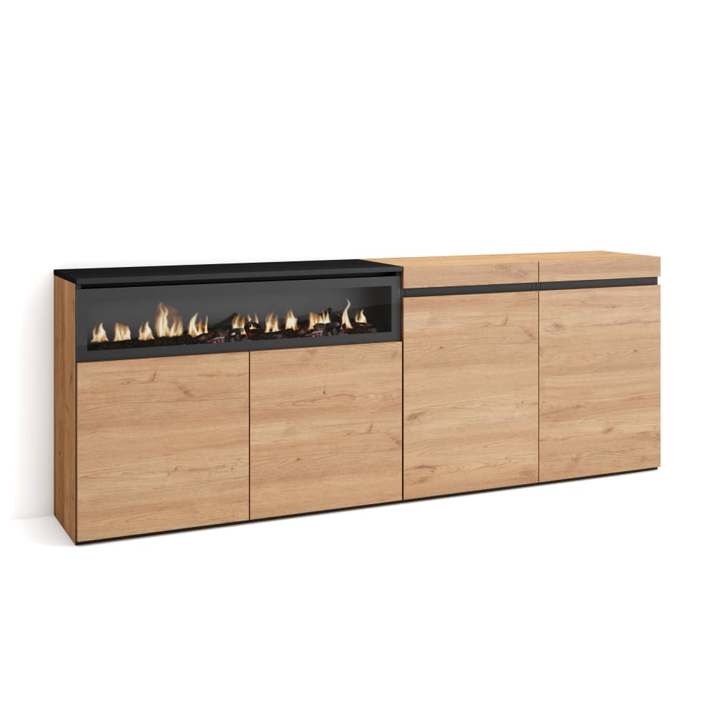 Buffet COZY effet chêne et noir 200 cm avec cheminée LED