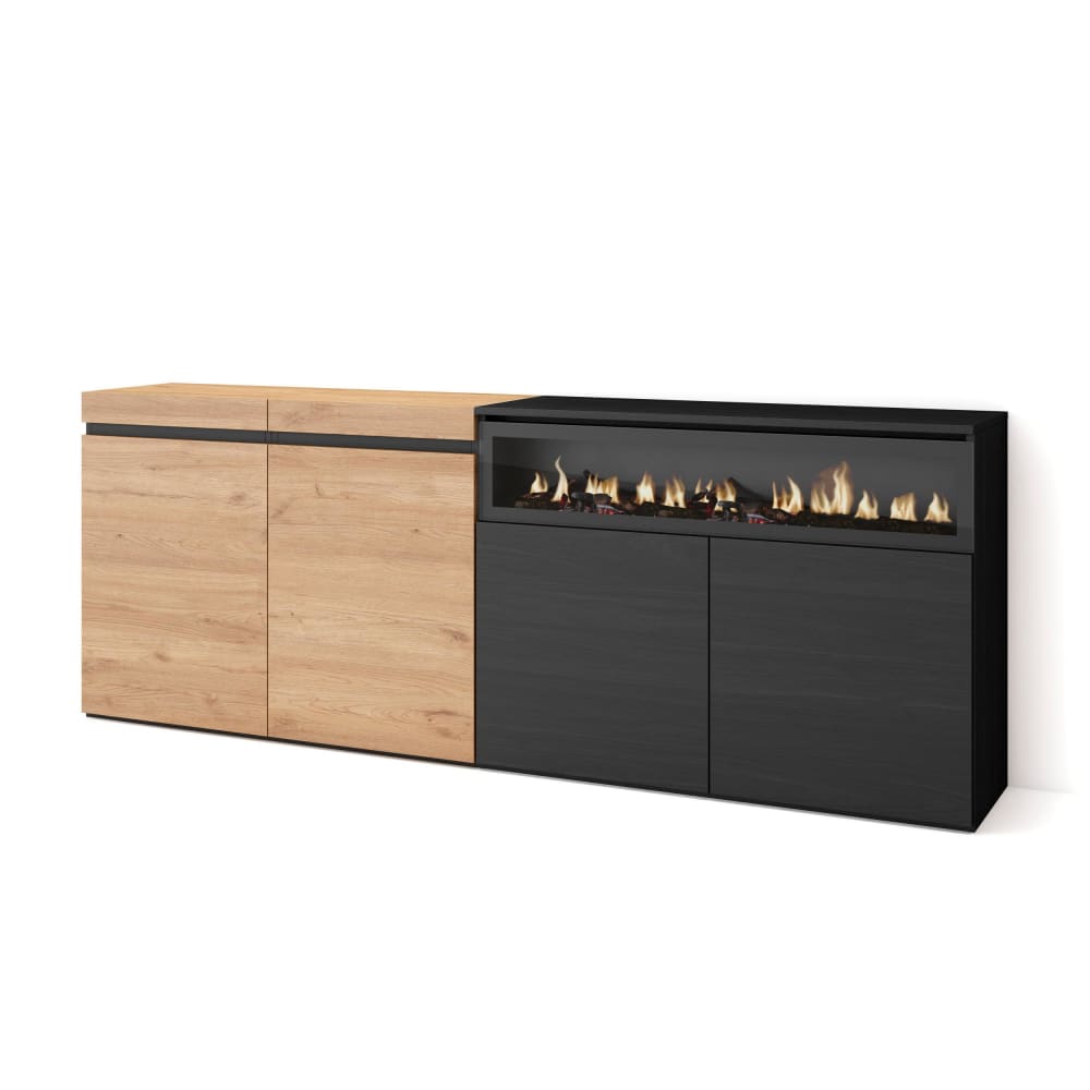 Grand buffet COZY chêne et noir 200 cm avec cheminée LED