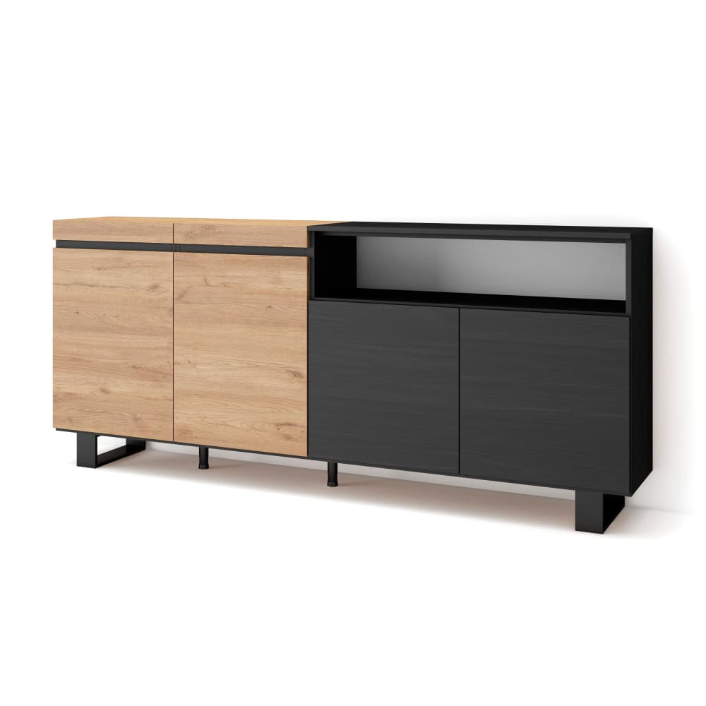 Buffet COZY effet chêne et noir 200 cm sur pieds métal