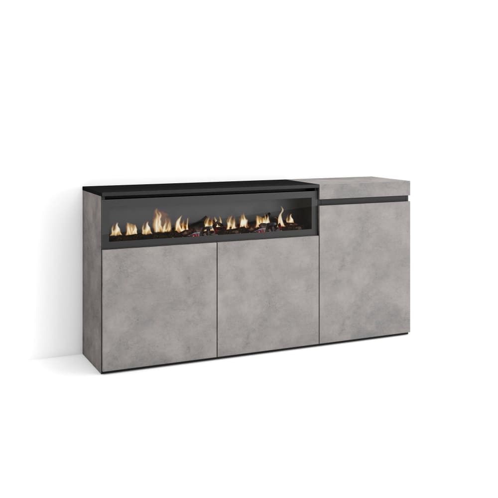 Buffet COZY effet ciment 150 cm avec cheminée électrique à LED