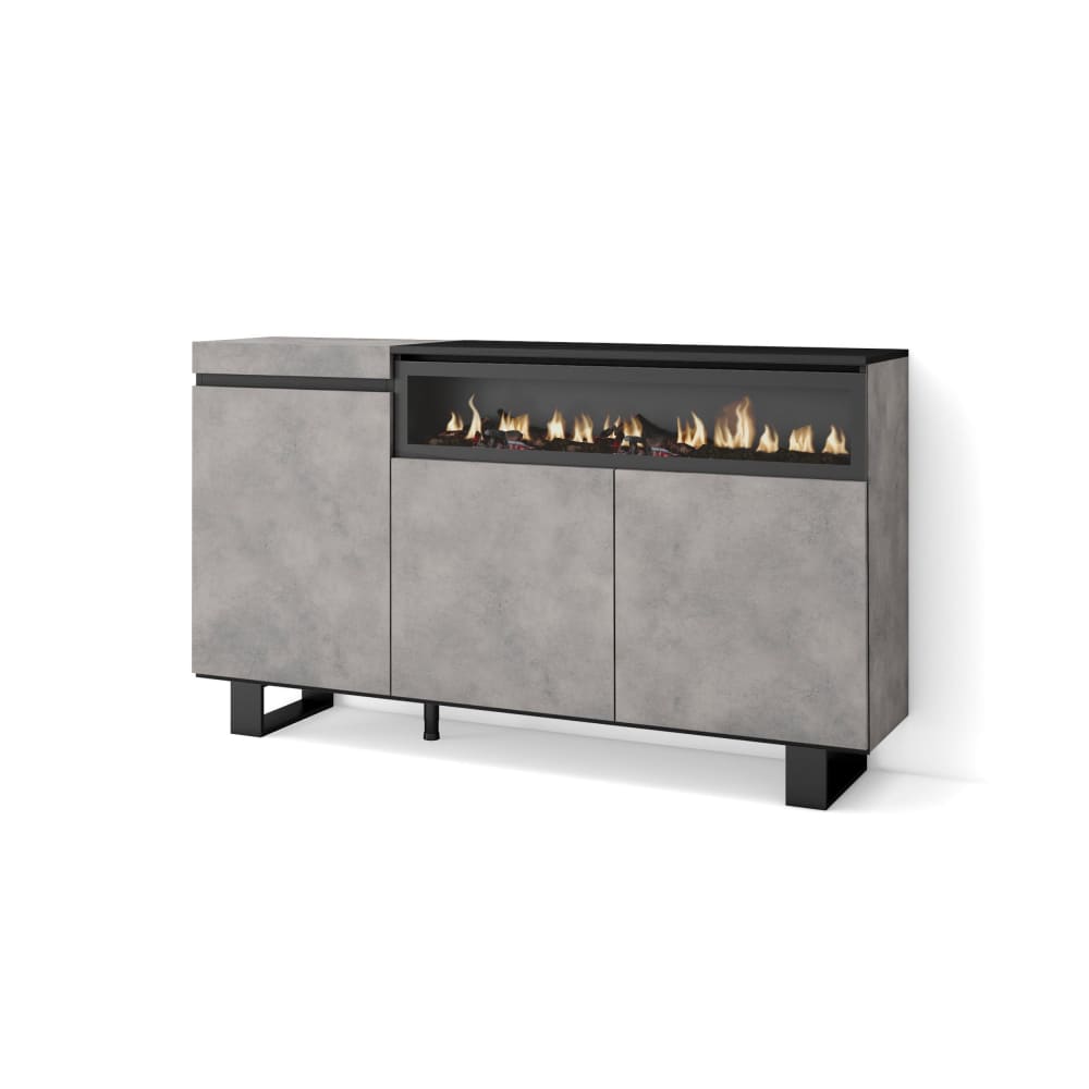 Buffet COZY effet ciment 150 cm avec cheminée LED et pieds métal