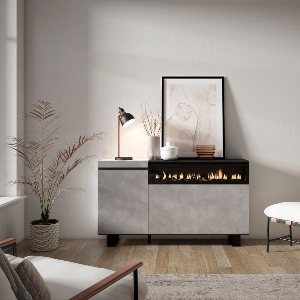 Détail de la finition effet ciment du buffet COZY