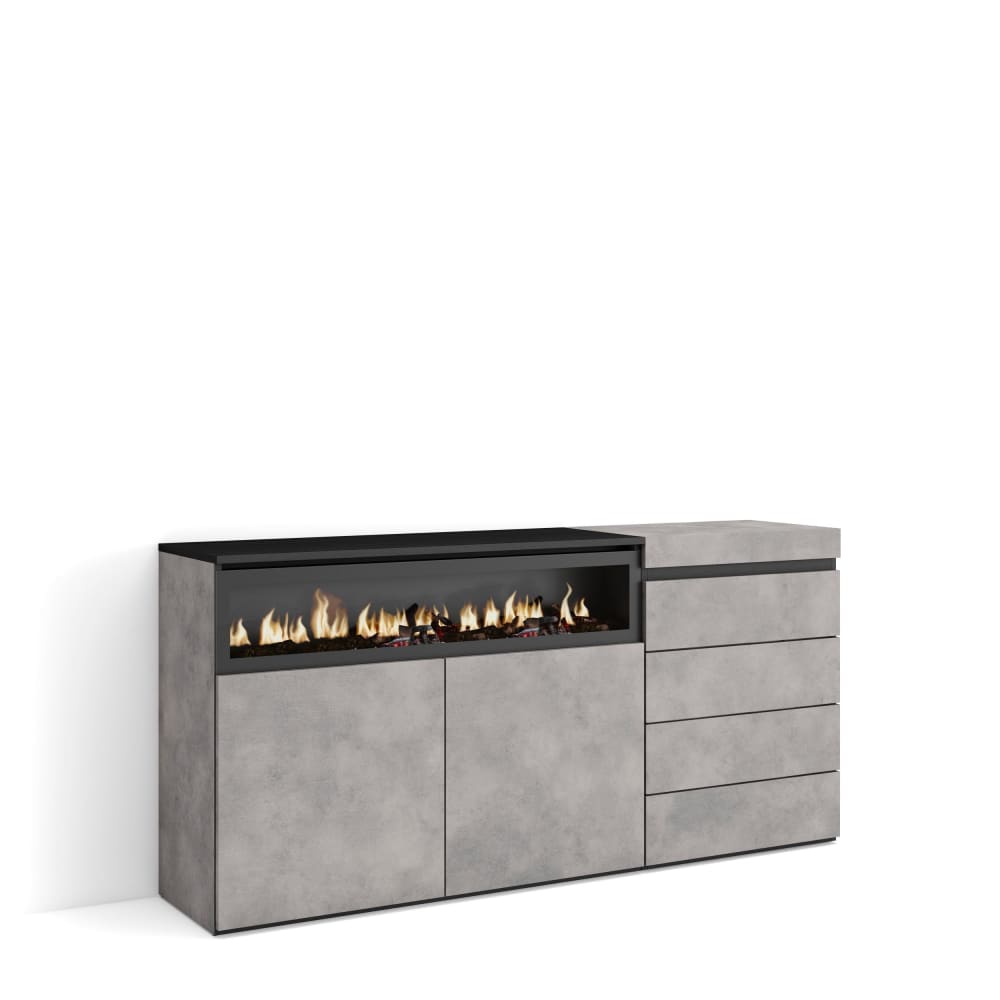 Buffet COZY effet ciment 157 cm avec tiroirs et cheminée LED