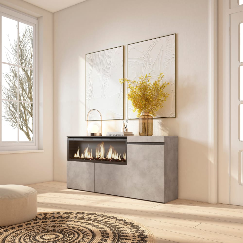 Détail de la finition effet ciment du buffet COZY