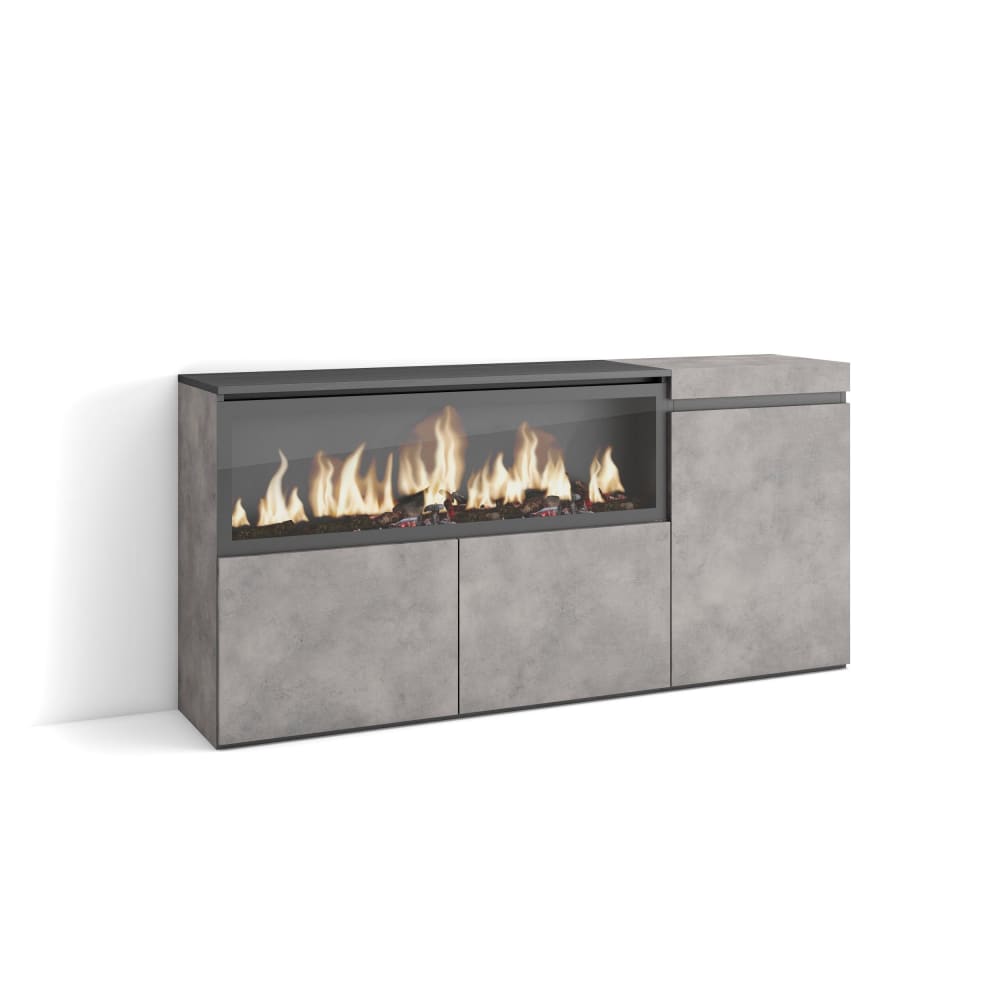 Buffet bahut COZY effet ciment 158 cm avec foyer LED XXL