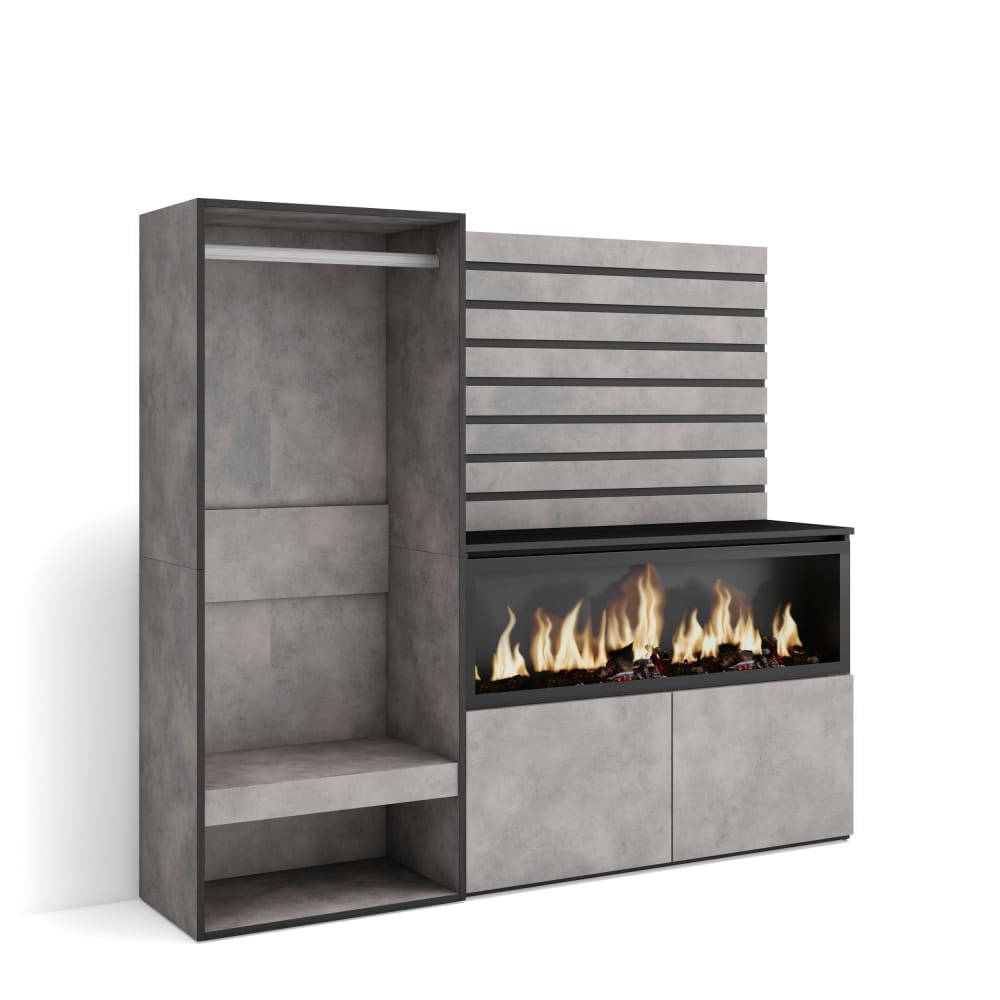 Buffet haut COZY effet ciment avec cheminée LED et panneau mural 167 cm