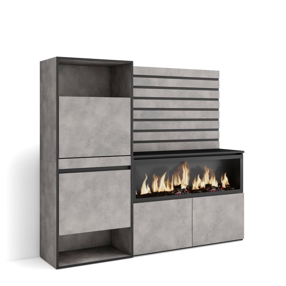 Buffet haut COZY effet ciment et noir 167 cm avec cheminée LED