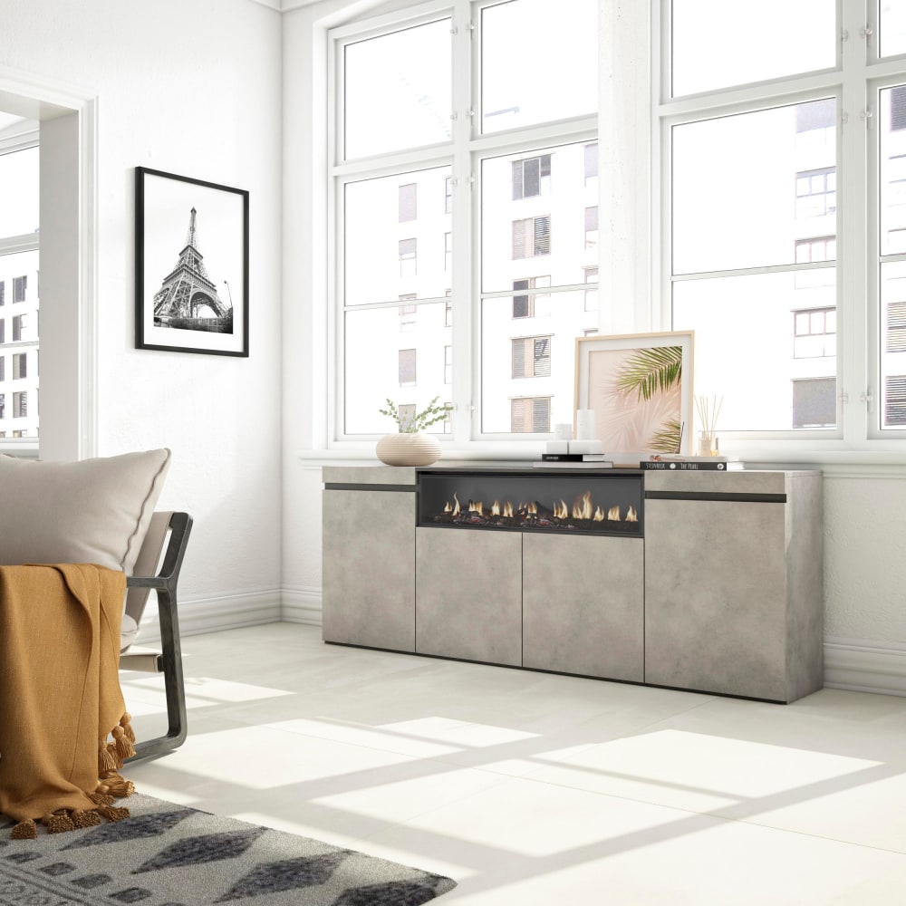 Détail de la finition ciment du buffet COZY