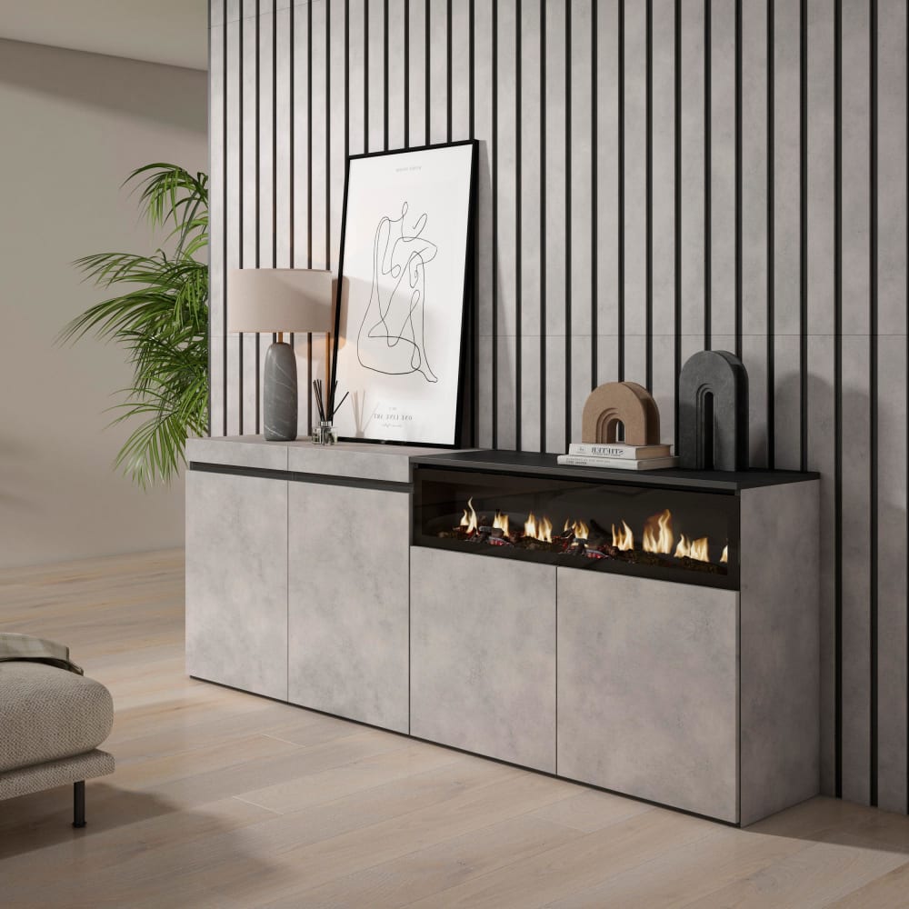 Détail de la finition effet ciment du buffet COZY