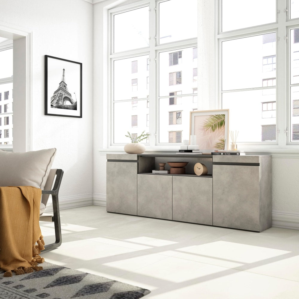 Détail de la finition effet ciment du buffet COZY