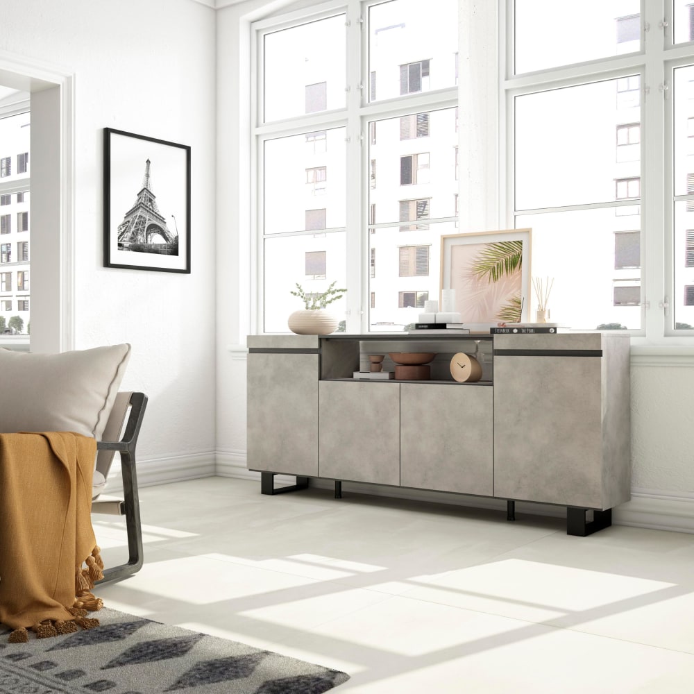 Détail de la finition effet ciment du buffet COZY