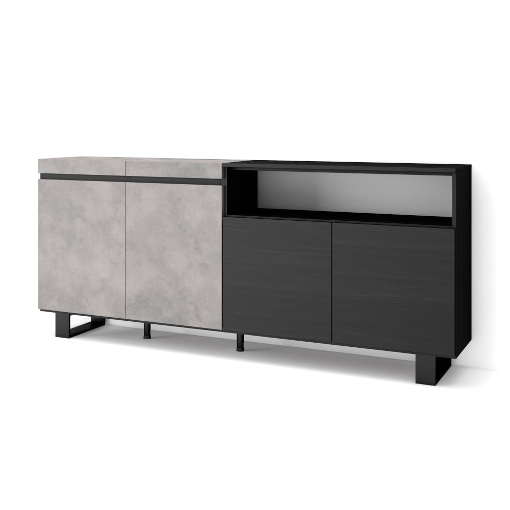 Buffet de rangement COZY ciment et noir 200 cm sur pieds métal