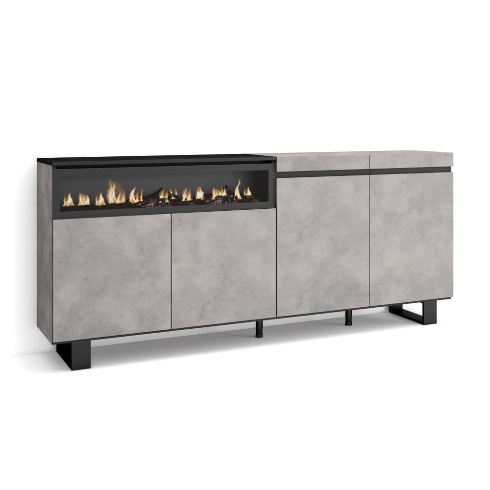 Buffet COZY effet ciment 200 cm cheminée LED et pieds métal