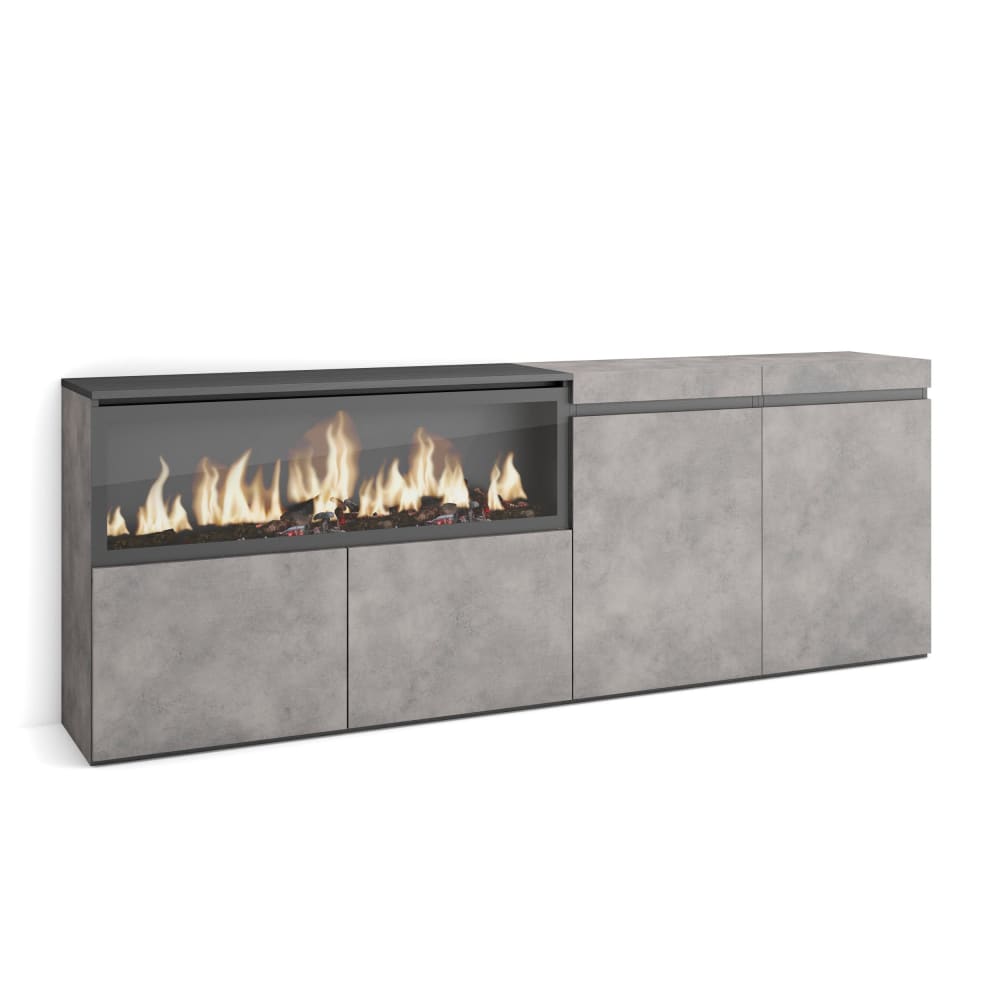 Buffet COZY effet ciment 208 cm avec cheminée LED XXL