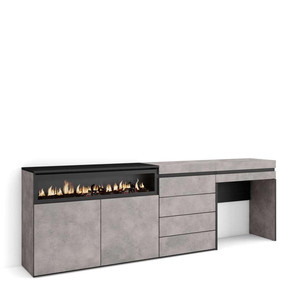 Grand buffet COZY effet ciment 227 cm avec cheminée effet feu