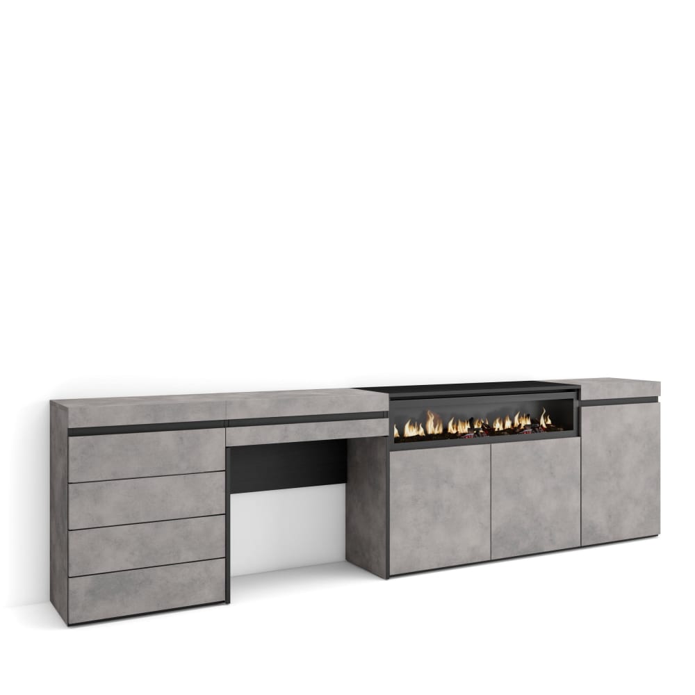 Grand buffet enfilade COZY effet ciment 277 cm avec cheminée effet feu